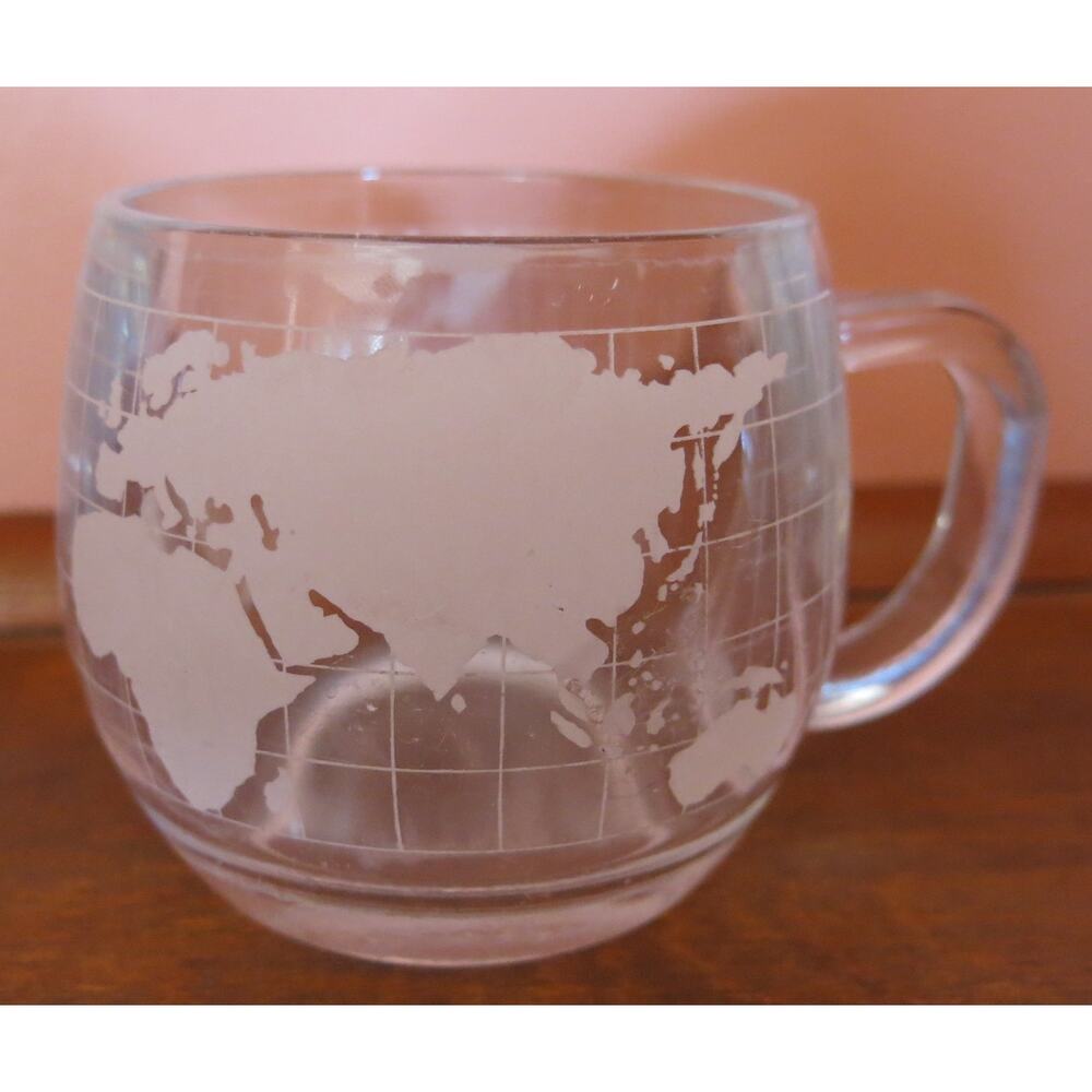 NESTLE/NESCAFE World Globe Coffee Mug Glass Collectible 1970s Frosted Handle